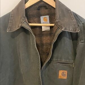 Carhartt Olive Green Canvas Work Jacket with Brown Collar